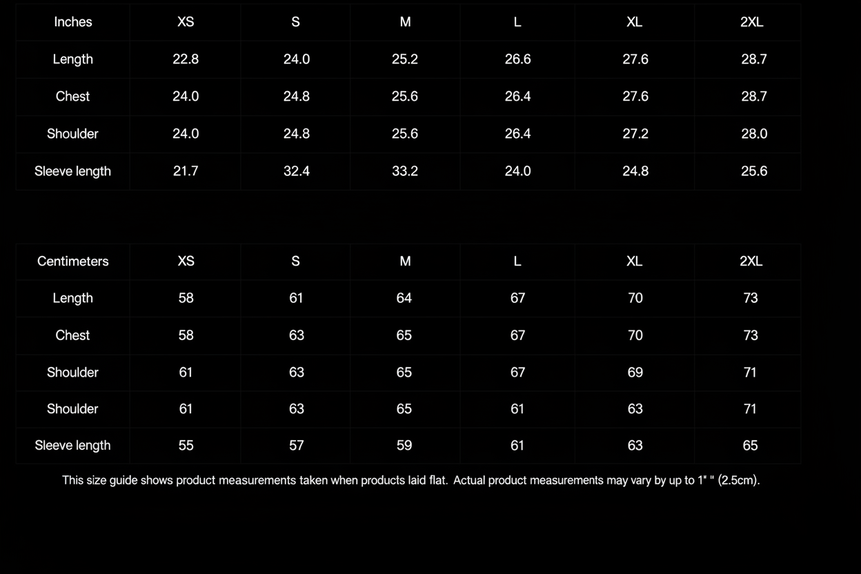 Liquid Frequency size chart on black